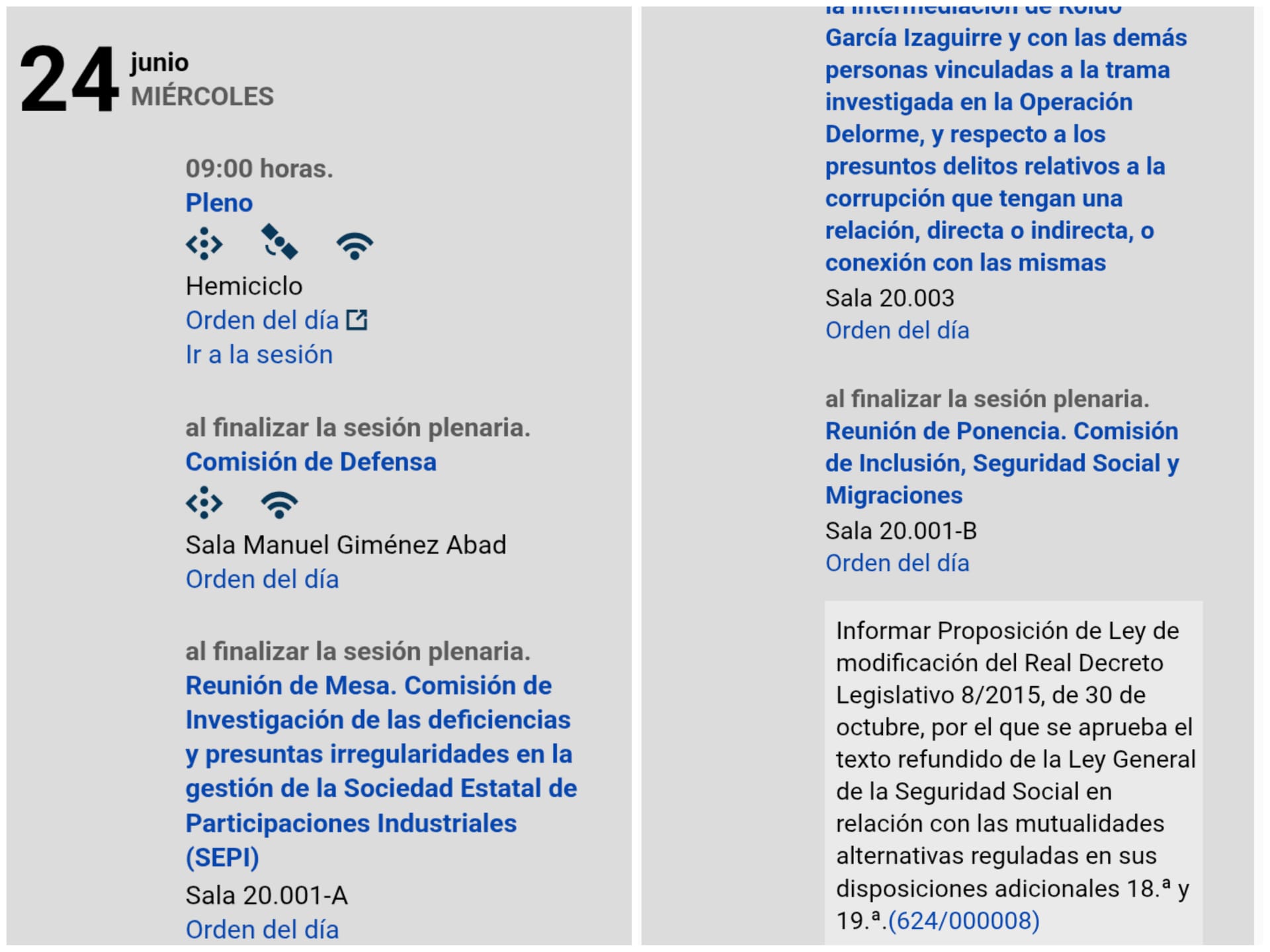 Agenda del Senado del martes 30 de junio de 2026 incluyendo la Reunión de Ponencia sobre el expediente 624/000008